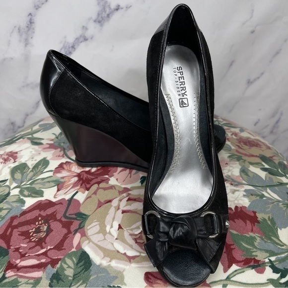 Sperry Top Sider | Silverside Black Suede Open-Toe Wedge Heels - Picture 1 of 10